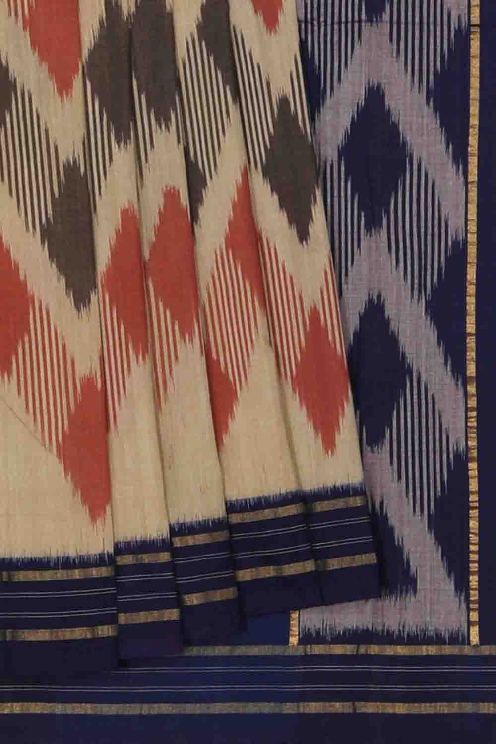 Image of Off White Blue diamond Pochampally Cotton Ikat Saree
